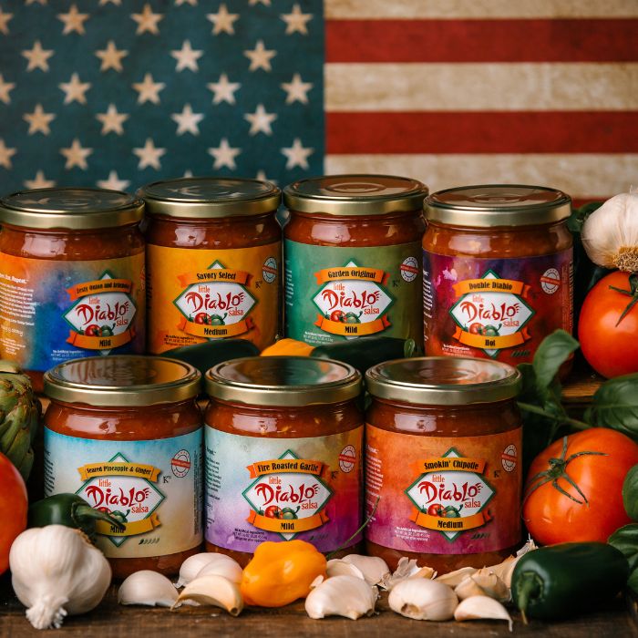 Image of Little Diablo Salsa jars in front of an American flag.