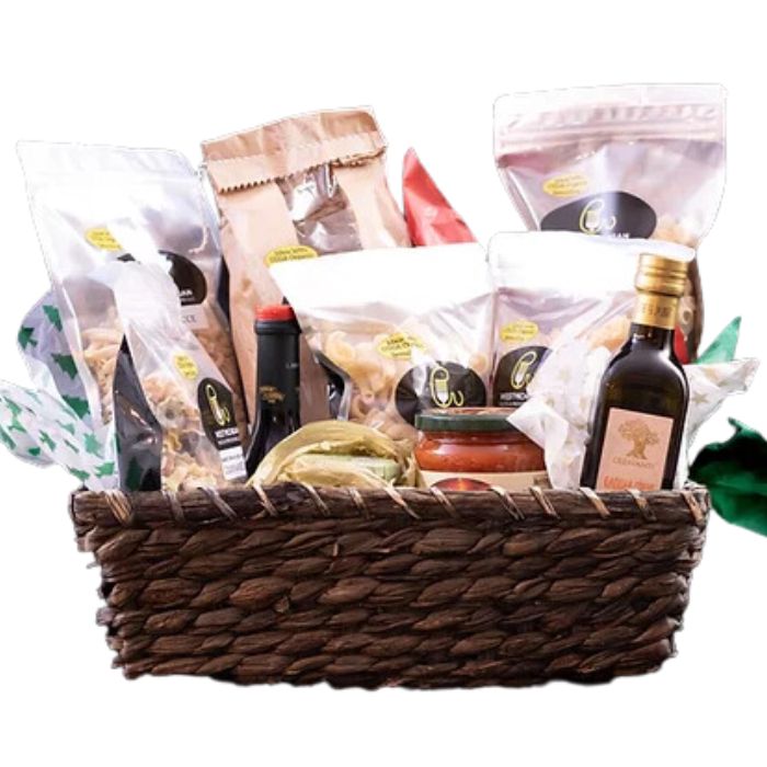 Image of gift basket full of West Michigan Pasta products.